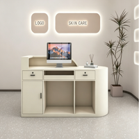 Comptoir de réception minimaliste personnalisé avec logo LED crème, comptoir de caisse droit pour salon de beauté, spa des ongles, clinique cosmétique