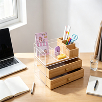 Organisateur de bureau en bambou et acrylique avec 2 tiroirs, boîte de rangement multifonction, organisateur de comptoir de salle de bain pour le bureau, les cosmétiques et les soins de la peau