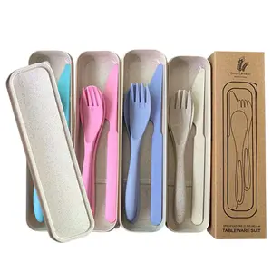 Online Top Seller 2024 Kitchen Accessories Dinnerware Sets Portable Reusable 3 PCS Wheat Straw Spoon Fork Knife Set