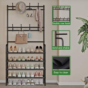 ชั้นวางรองเท้าและตู้เก็บของอเนกประสงค์แบบเรียบง่าย พร้อมราวแขวนหมวก ชั้นวางหลายชั้นขนาดเล็ก สำหรับประกอบเอง ใช้ในบ้าน - Product Image 5