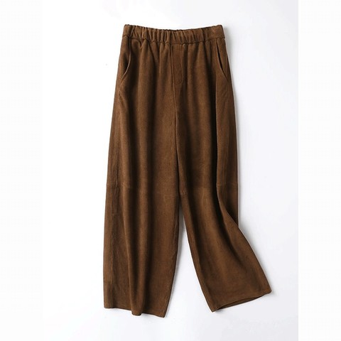 HN3661-3 Women's Lambskin Suede Relaxed Wide-Leg Carrot Pants Elastic Waist Tapered Hem Ankle Cropped Casual Trousers