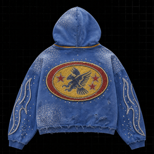Sudadera con capucha para hombre con cremallera, azul, con diseño gráfico, bolsillos con tachuelas, estilo cropped y boxy, con logo, estilo streetwear, con pedrería, al por mayor - Product Image 2