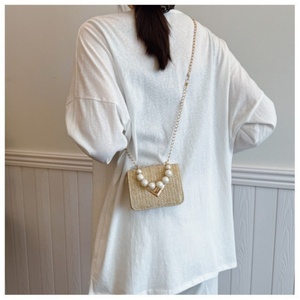 Summer Luxury Women's Crossbody Bags Woven Pearl Handle Designer <b>Square</b> Box Chain Purse Metal Lock Beach Party Mini Clutch - Product Image 5