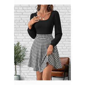 Vestido de mujer negro de manga larga con cuello redondo y diseño asimétrico de pata de gallo para uso diario informal. - Product Image 1
