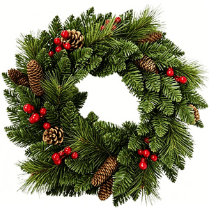 Corona navideña de PVC verde flocado de 40 cm de diámetro con bolas y guirnalda de bayas rojas para decoraciones navideñas - Product Image 6