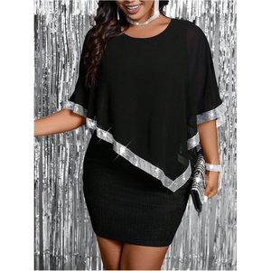 Women's <b>Plus</b> <b>Size</b> <b>Sequin</b> Cape Bodycon <b>Dress</b> O Neck Half Sleeve Asymmetric Evening Party Prom <b>Dress</b> Chiffon Sheer Layer - Product Image 3