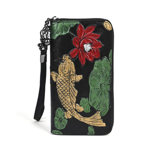 Ando Bag Women's Koi Fish Lotus Embossed Cowhide Leather <b>Zip</b> Around Long <b>Wallet</b> - Product Image 5