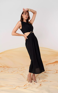 <span class=keywords><strong>Robe</strong></span> midi noire découpée sur mesure pour femme 2026 avec boucle dorée à la taille et fente latérale, robes décontractées vintage pour le bureau, fabrication OEM/ODM - Product Image 4