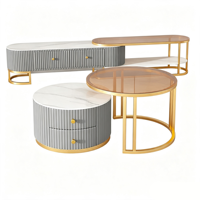 Ensemble de tables basses modernes en pierre de luxe léger avec cadre en bois, design combiné décoratif pour salon