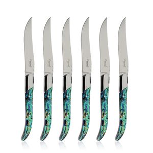 Lot de 6 couteaux à steak style Laguiole en acier inoxydable, lame de 5 pouces, manche en véritable nacre, design ambidextre - Product Image 1