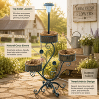 Support de Jardinière Solaire à 3 Paniers, Cadre en Fer Floral, Paniers en Métal Texturé, Doublures en Fibre de Coco, Revêtement Poudré, Écologique, pour Jardin et Patio