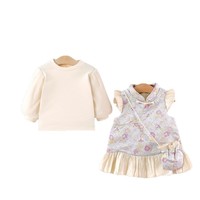 Ensemble deux pièces style Hanfu vintage pour filles, robe-veste printemps-automne avec sac assorti, tenue mignonne pour enfants