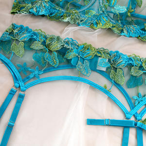 2025 Fabrik Blumen stickerei Strumpfband Blau 3 Stück Dessous Sets Durchsichtig Blumen Sexy Dessous Frauen - Product Image 6