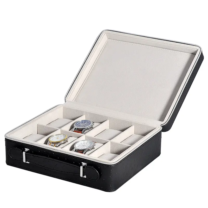 High End 12 Grid Black PU Leather Jewelry Bracelet Watch Storage Box Case Travel Organizer With Handle