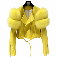 Chaqueta de Cuero para Mujer, Multicolor, Otoño, Chaqueta Corta de Piel de Oveja Genuina con Ribete de Piel de Zorro, Gran Oferta