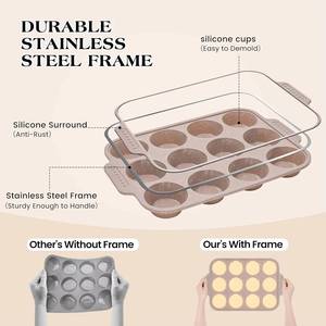 MUYULINS Factory Beige 12-Cup LFGB Non-Stick BPA Free Metal Reinforced Frame <b>Silicone</b> Cupcake Pan Muffin Tray <b>Baking</b> Mold - Product Image 2