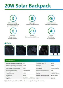 Mochila Solar Portátil Back-Contact (BC) de 20w con Carga USB para Laptop, Ideal para Viajes Diarios al Aire Libre BCBP-01 SunFl - Product Image 6