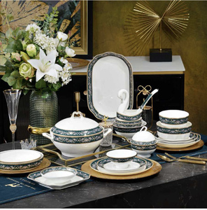 Service de table de luxe 50 pièces en porcelaine fine, qualité banquet, durable, aux couleurs vives et inaltérables, compatible lave-vaisselle - Product Image 6