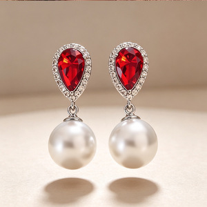 Orecchini pendenti con perle simulate e zirconi rossi per donna, eleganti gioielli per matrimoni e feste - Product Image 3