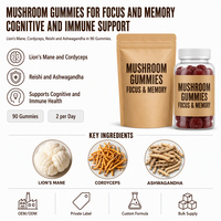 Gummies aux champignons Cordyceps, Crinière de lion, Reishi, Ashwagandha – Complément nutritionnel – 80 gummies par sachet – Marque privée OEM ODM