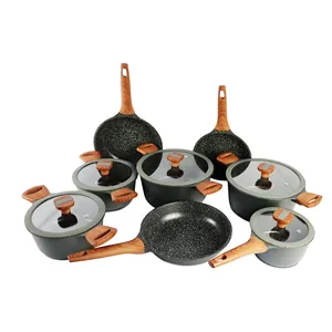 New Design 13 Pcs Aluminum Marble Coating Cookware Set With Silicon Glass Lid Wood Grain Soft Touch Handle