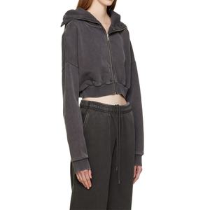 Sudadera con capucha corta de cuello alto y cremallera completa para mujer, de felpa de algodón grueso de 510 g/m², gris descolorido, personalizada - Product Image 2