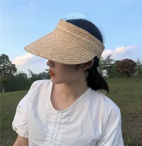 Hot Selling Beach Lady Foldable Madagascar Hawaii Summer Sun Cap Empty Top For Woman Raffia Straw Visor Hat