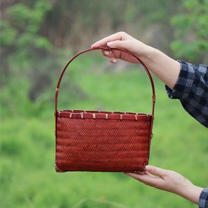 Handmade Bamboo Woven Basket Oval Red Bohemian Style Women's Tote Bag Storage For Tea Set Fruit Household Use - Product Image 4