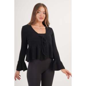 Wholesale Winter <b>Cardigan</b> with Long Front-<b>Tie</b> Ruffle Detail <b>Black</b> Print on Wool and Fur Material Button and Lace Decoration - Product Image 4