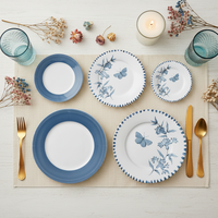 Service de table en porcelaine bleu élégant à motif floral et papillons, vaisselle romantique pour mariage en bord de mer, assiettes en céramique fine pour douche nuptiale