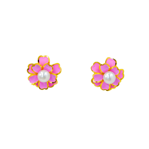 ต่างหูมุก ดีไซน์ดอกไม้สีชมพู ชุบทอง PVD สแตนเลสสตีล 316L สำหรับผู้หญิง - Product Image 2