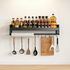 Étagère murale en acier au carbone <span class=keywords><strong>pour</strong></span> <span class=keywords><strong>ustensiles</strong></span> <span class=keywords><strong>de</strong></span> <span class=keywords><strong>cuisine</strong></span>, épices et condiments, support <span class=keywords><strong>de</strong></span> rangement <span class=keywords><strong>pour</strong></span> huile, sel, sauces, vinaigre avec crochets - Product Image 6