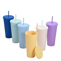 Nouvelle tasse en plastique double paroi grande capacité 32OZ 2026, couleur bonbon, avec couvercle et paille, couleur unie, idéale pour cadeaux et loisirs créatifs
