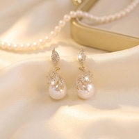 Nouvelles Boucles d'Oreilles Pendante en Argent Plaqué avec Micro-Pavé de Zircons Cubiques, Symétriques et Magnifiques, pour Femmes, Ornées de Perles