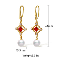 Fantaisie Rouge Couleur Zircon Pierre Shell Perle Boucle D'oreille Hameçon Goutte Forme Perle Boucle D'oreille pour les Femmes