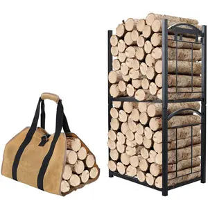 Indoor Outdoor Wood Log Holder Rack Firewood Lumber Storage Stacking Rack Black Wrought Iron Fireplace Tools Set