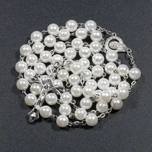 Wholesale Jewelry 8mm White Black Imitation Pearl Beads Rosary Necklace Women Men Jesus on The Cross Rosary Necklace