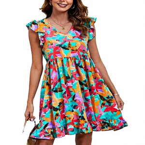 Floral Print Summer Sundress Women V-Neck Ruffle Sleeve A-Line Loose Mini <b>Dress</b> Breathable Woven Casual Wear - Product Image 1