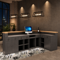 Comptoir de bar en bois LED de luxe industriel personnalisé, comptoir de réception commercial pour café, restaurant, boîte de nuit, magasin de détail