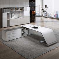 Bureau de direction en forme de L avec tiroirs latéraux, en cuir blanc de luxe, nouveau MDF brillant, pour ordinateur, maison, sans fil