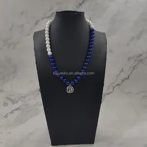 Yiwu China Jewelry Wholesale Greek Sorority Zeta Phi Beta Letter Charms WhiteBlue Pearl Necklace Women Gift