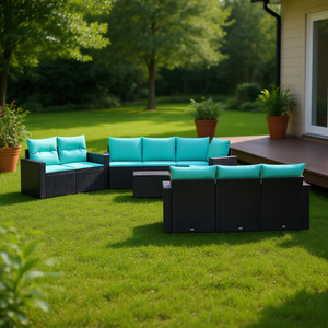 6 Piece Black Poly <b>Rattan</b> Patio <b>Sofa</b> Set With Cushions Garden Furniture Outdoor Seating Contemporary Design - Product Image 2