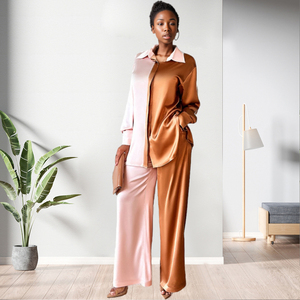Color Spliced Shirt Wide Leg <b>Pants</b> Loungewear 2-piece Set Women Fashion - Product Image 3