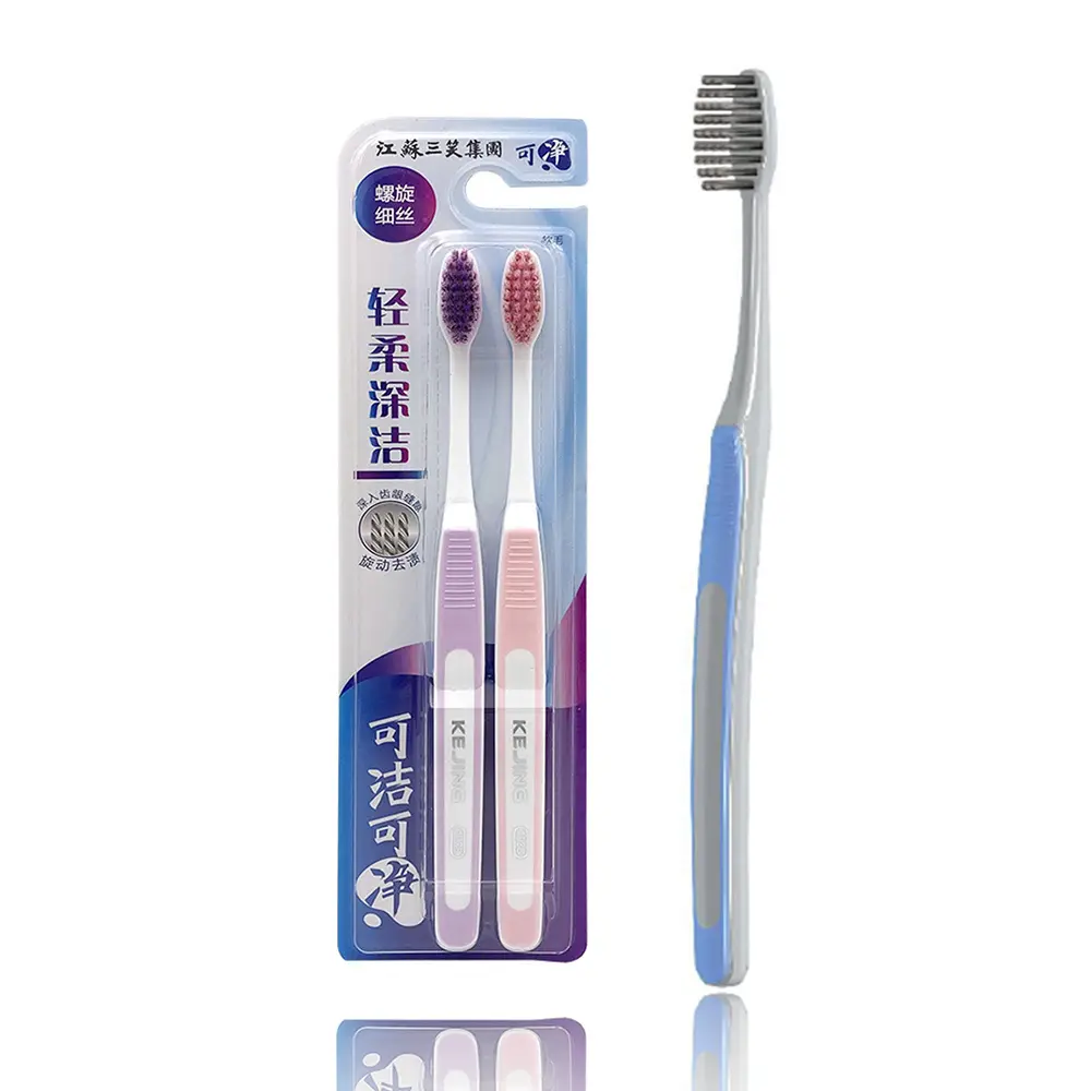 Trois paquets promotionnels brosse à dents en spirale bon marché, douce pour un usage domestique, nettoyage en profondeur des dents, fournisseur de chine