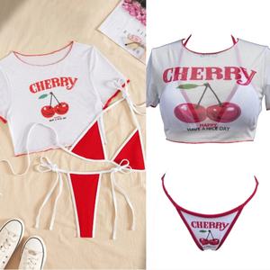 Viviblook Z505ST11 Cherry Print Top Mesh Hood Split Sexy 3 Piece <b>Set</b> <b>Bikini</b> Swimsuit for Women Vacation <b>Set</b> - Product Image 2