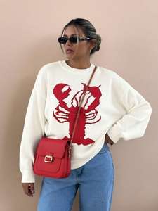 Maglione Bianco Jacquard con Motivo Aragosta di Tendenza per Vacanze al Mare e Feste a Tema Pesce, Pullover <span class=keywords><strong>Oversize</strong></span> Affidabile Lavorato a <span class=keywords><strong>Maglia</strong></span> - Product Image 5
