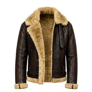Chaqueta de Cuero Sintético Marrón para Hombre, Forrada con Sherpa, Cuello Camisero, Cierre de Cremallera Frontal - Product Image 1