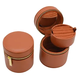 Wholesale Joyeros Pu Leather Portable Small Mirror Jewelry Case Circle Travel Jewellery Boxes For Jewelry Ring Necklace Organize