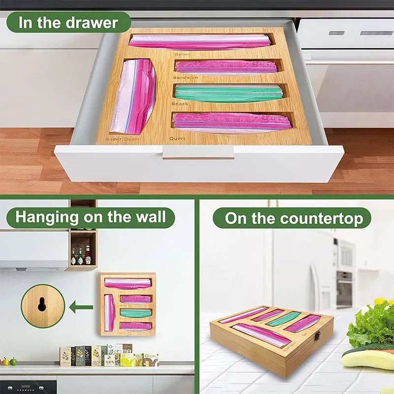 5 in 1 Bamboo Kitchen Food Storage Plastic Ziplock Bag Storage Organize box for Drawer