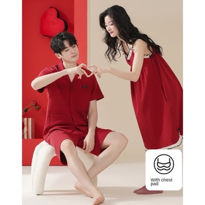 Pijamas de <span class=keywords><strong>Verano</strong></span> para Parejas, 100% Algodón, Camisón Sexy con <span class=keywords><strong>Tirantes</strong></span> en V para Mujer, con Relleno en el Pecho, Anti-Impactos, Rojo, Camiseta de Manga Tres Cuartos para <span class=keywords><strong>Hombre</strong></span>, para el Hogar - Product Image 2